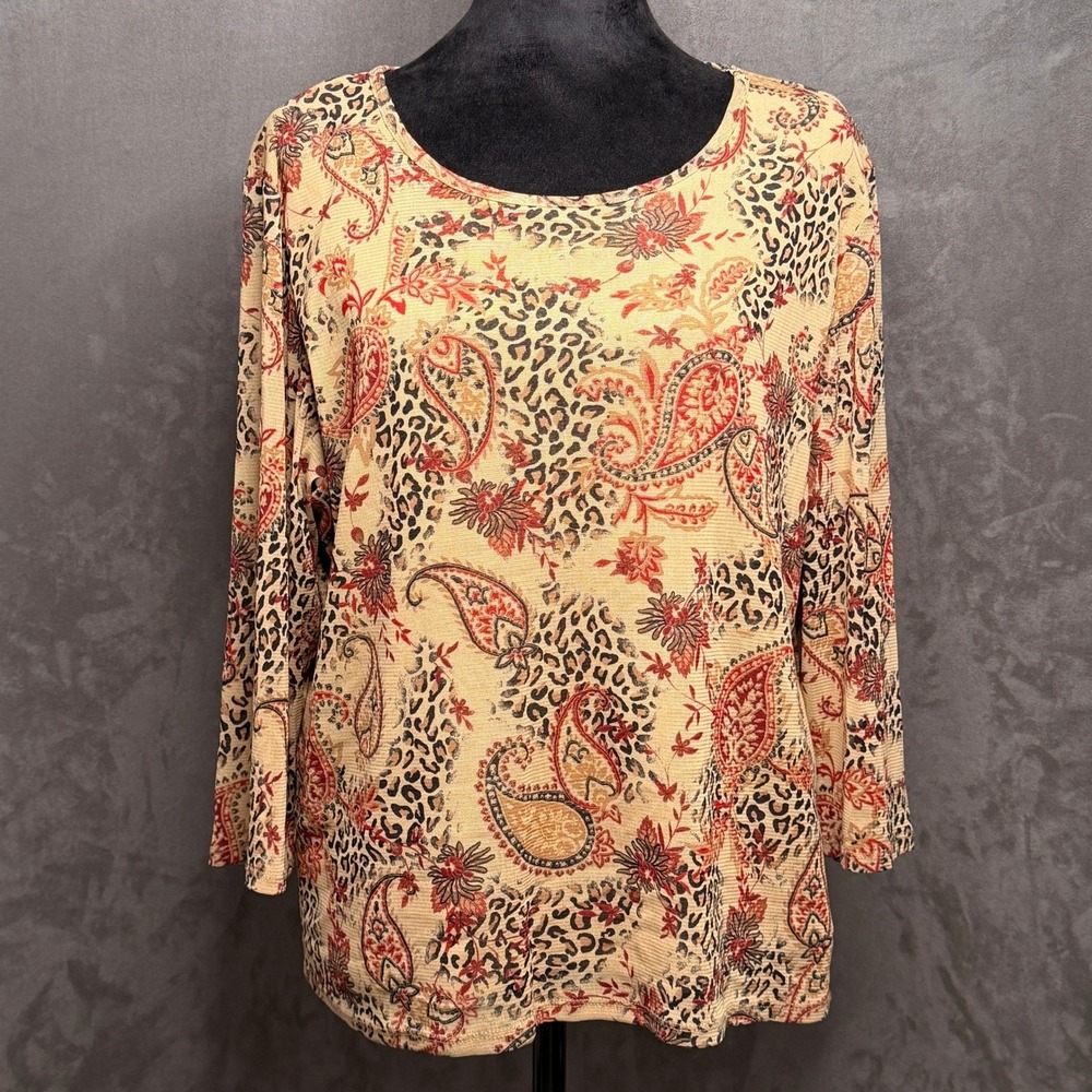 Vtg Villager Mesh Top Womens XL Tan Leopard Paisley Floral 3/4 Sleeve Sheer Y2K